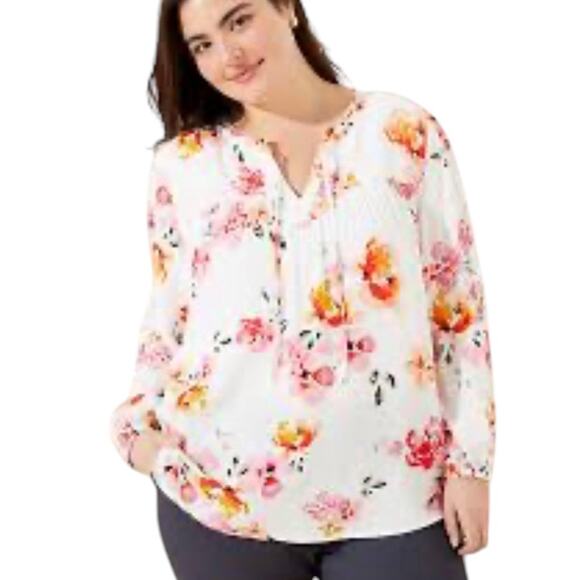 Beautiful LOFT Blossom Shirred Split Neck Blouse, Floral, Flattering, Career, 16 - Picture 2 of 9